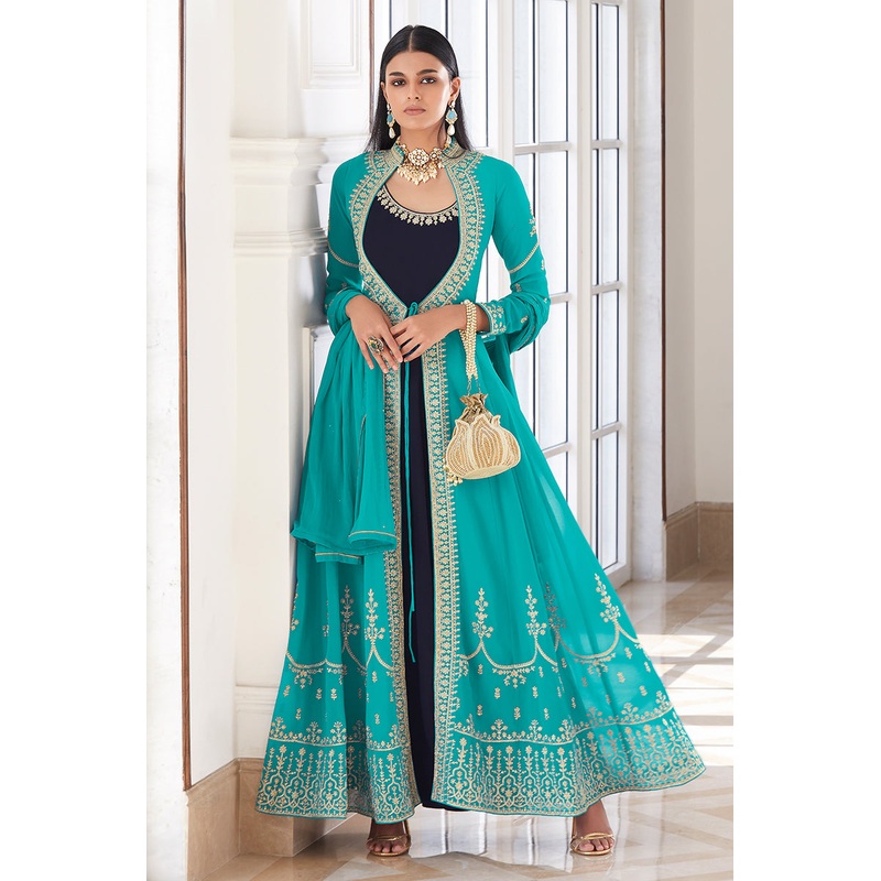 Georgette Exquisite Blue Jacket Style Anarkali Suit