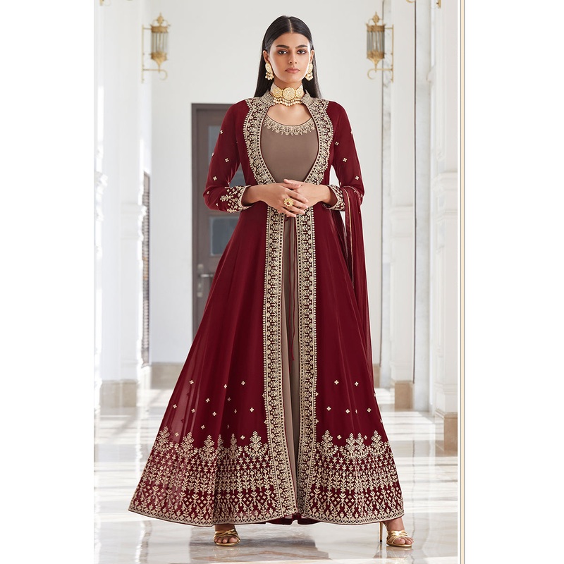Georgette Fascinating Brown Jacket Style Anarkali Suit