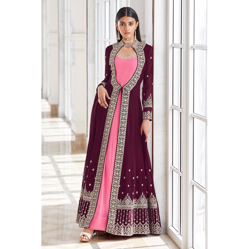Georgette Magnificent Pink Jacket Style Anarkali Suit
