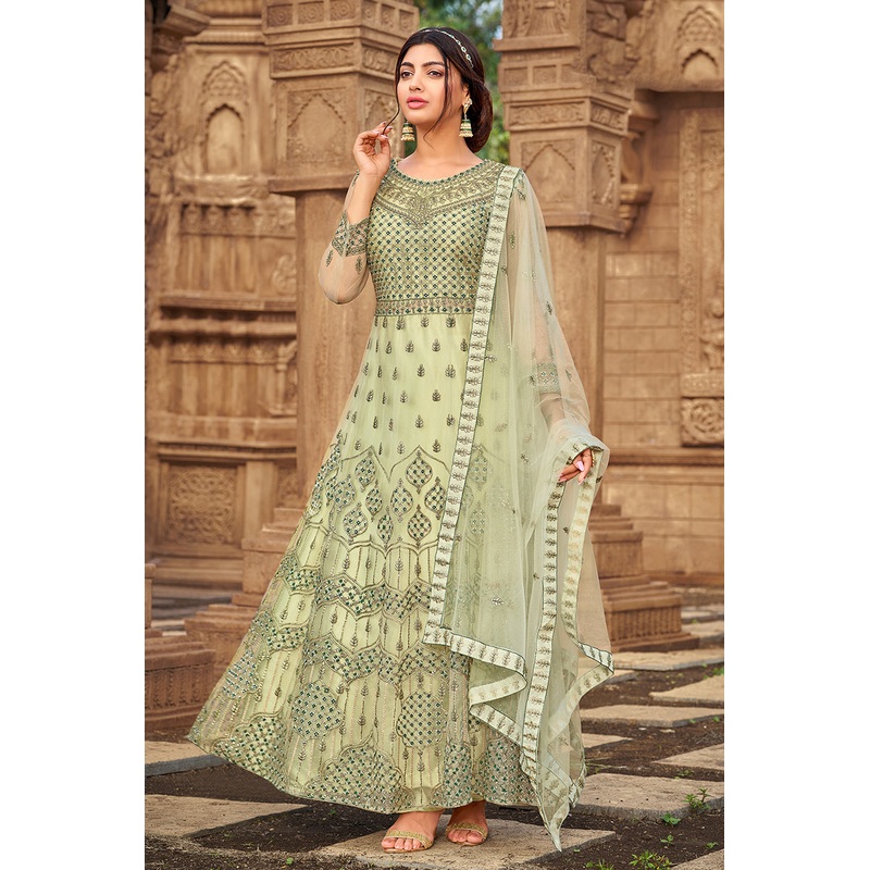 Green Heavy Butterfly Net Beautiful Anarkali Suit