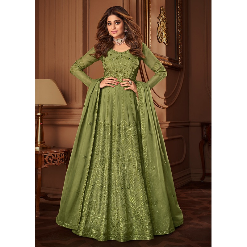 Green Indian Embroidered Shamita Shetty Anarkali Suit