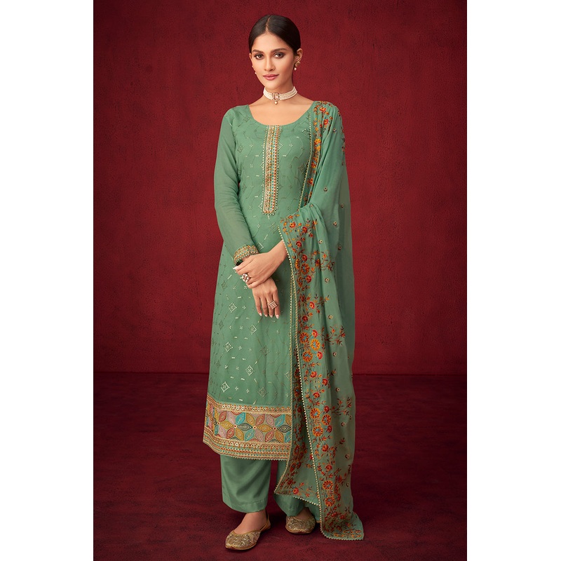 Green Sequins & Thread Embroidered Georgette Salwar Suit