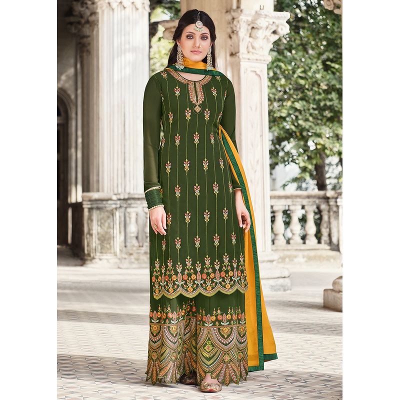 Green Traditional Style Georgette Designer Palazzo Suit