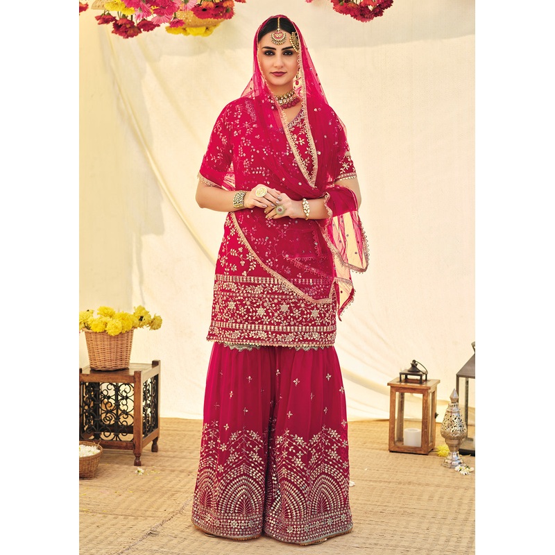 Hot Pink Zari & Mirror Embroidered Festive Sharara Suit