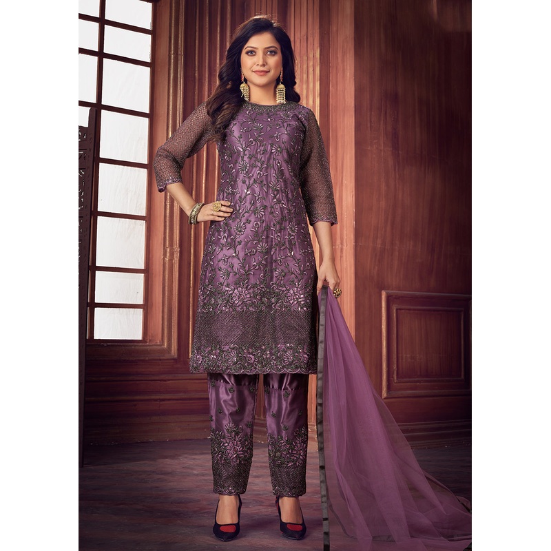 Indian Designer Lilac Net Pant Style Salwar Suit