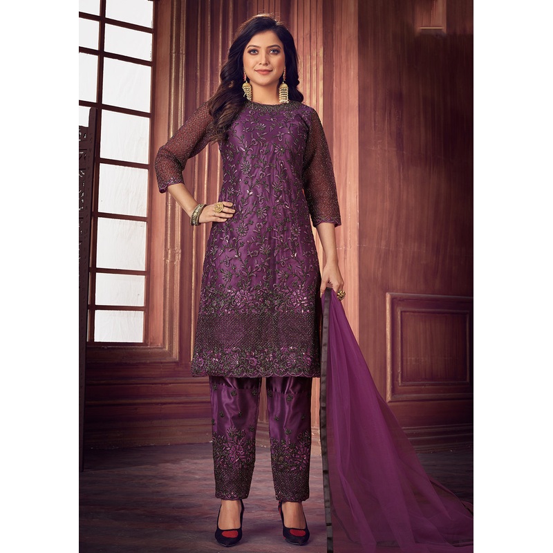 Indian Designer Purple Net Pant Style Salwar Suit