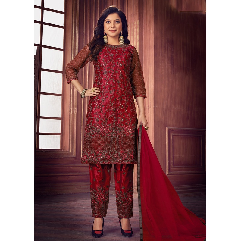 Indian Designer Red Net Pant Style Salwar Suit