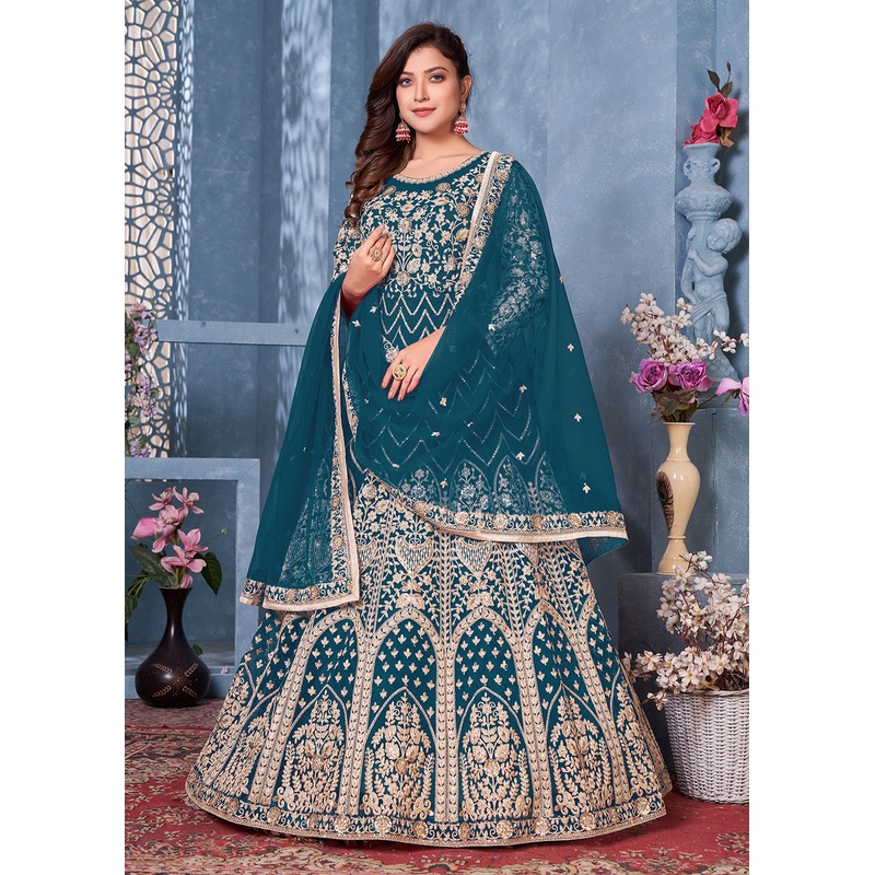 Lagoon Blue Net Abaya Style Heavy Embroidered Anarkali Suit