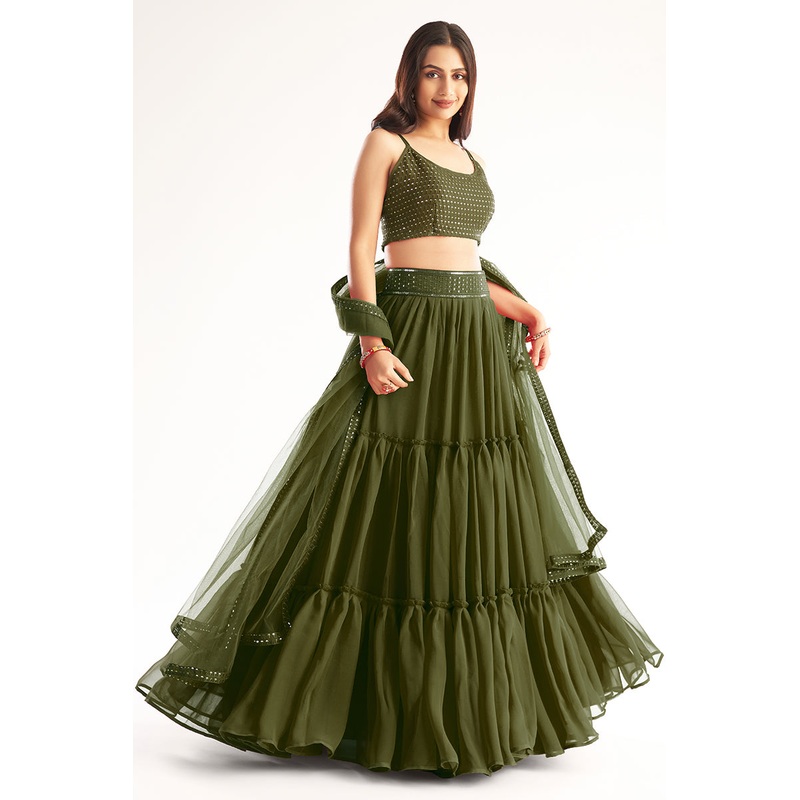 Light Green Ruffle Style Georgette Festive Lehenga Choli