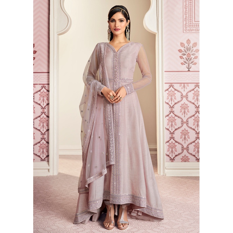 Lovely Lilac Art Silk Fabric Indian Embroidered Anarkali Suit