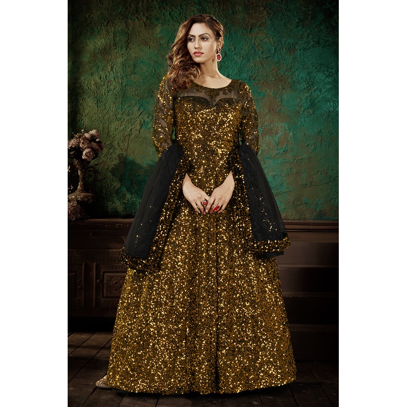 Lush Golden Party Wear Sequins Net Anarkali Gown
