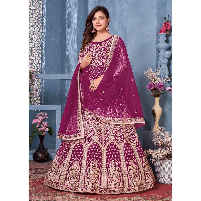 Magenta Net Abaya Style Heavy Embroidered Anarkali Suit