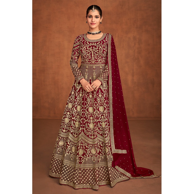 Maroon Gown Style All Over Embroidered Anarkali Suit