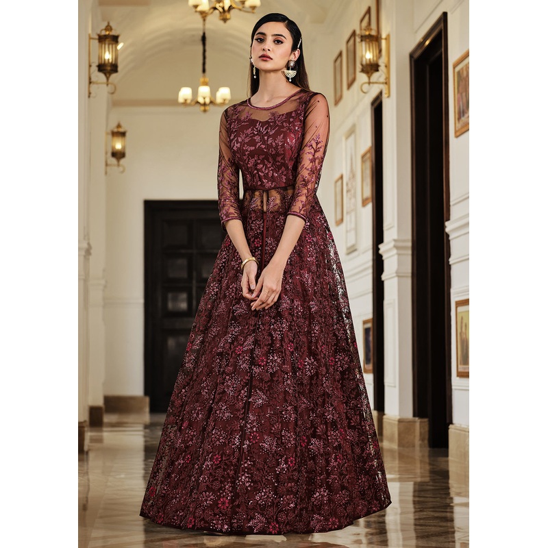 Maroon Lehenga/Pant Style Embroidered Designer Anarkali Suit