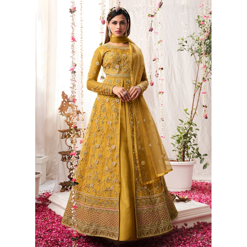 Medallion Yellow Wedding Festive Floor Length Anarkali Suit