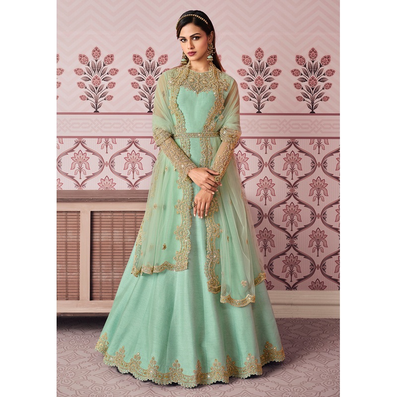 Mint Blue Art Silk Fabric Indian Embroidered Anarkali Suit