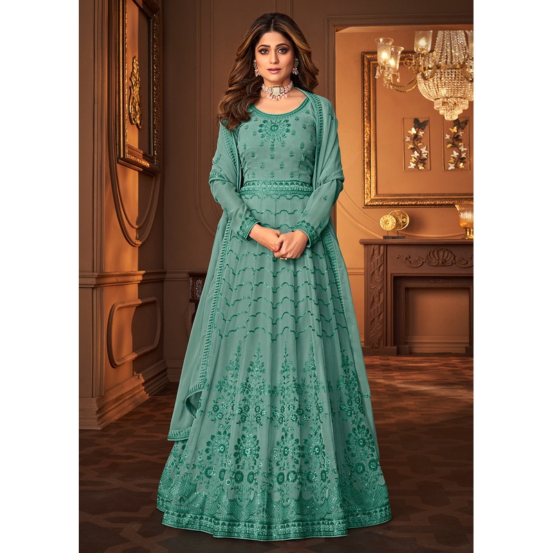 Mint Blue Indian Embroidered Shamita Shetty Anarkali Suit