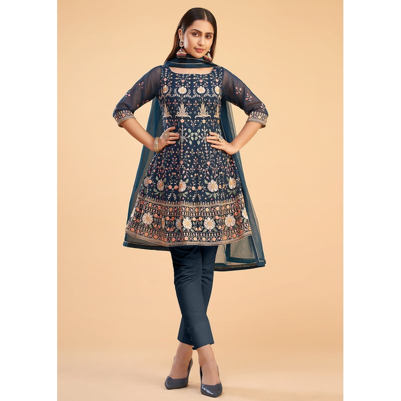 Multi Thread Blue Flared Style Pant Salwar Suit