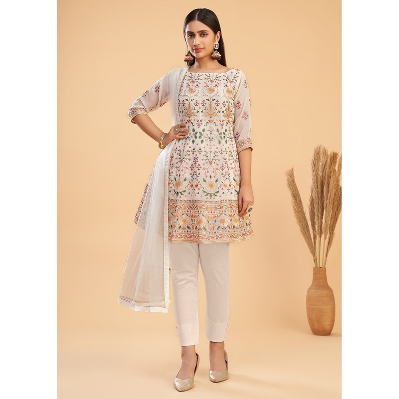 Multi Thread Cream Flared Style Pant Salwar Suit