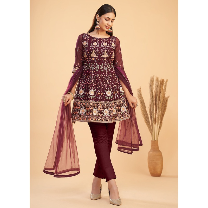 Multi Thread Wine Flared Style Pant Salwar Suit