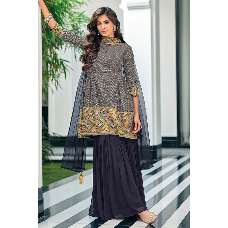 Multitone Blue Indo-Western Peplum Sharara Suit