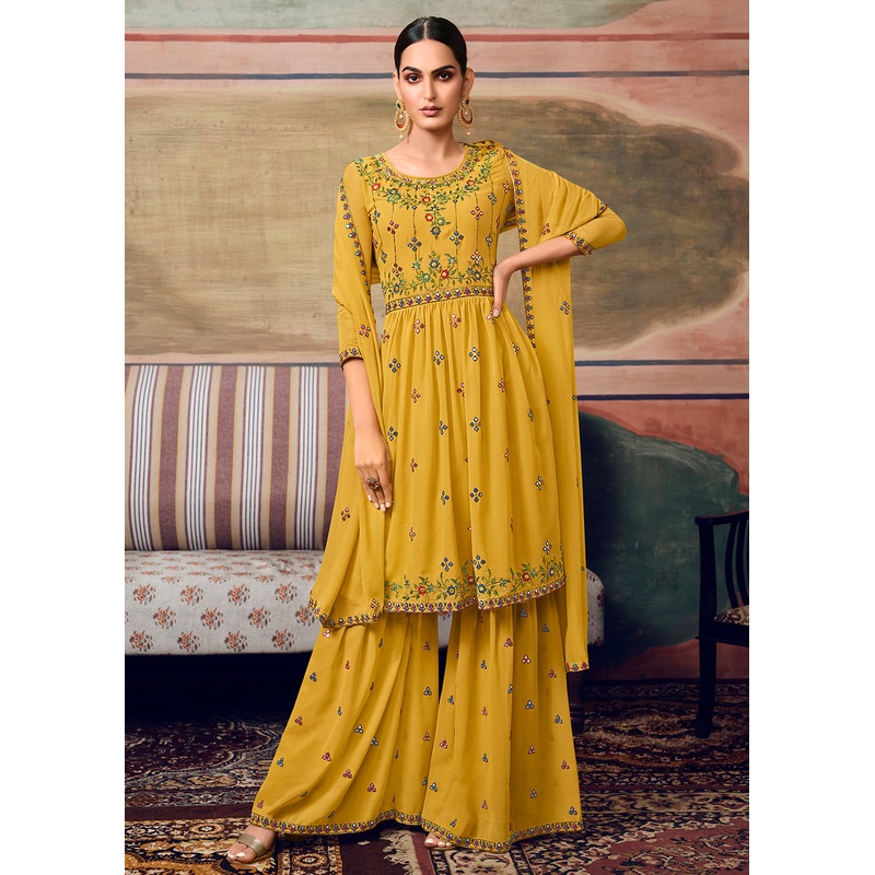 Mustard Designer Gharara Style Festive Sharara Suit