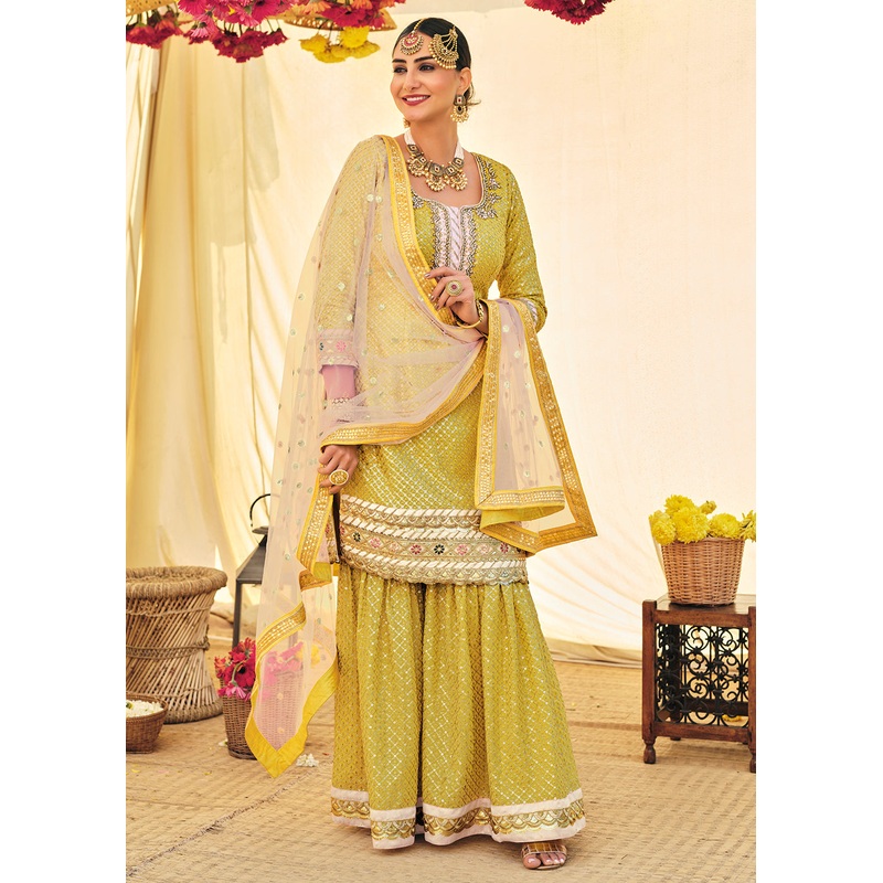 Mustard Zari & Mirror Embroidered Festive Sharara Suit