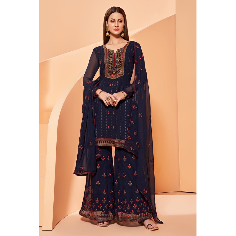 Navy Blue Designer Pakistani Style Sequins Sharara Suit