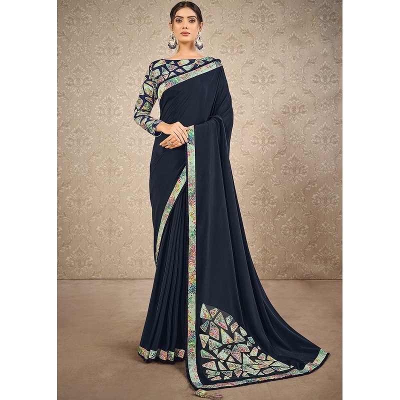 Navy Blue Digital Print Satin Silk Saree
