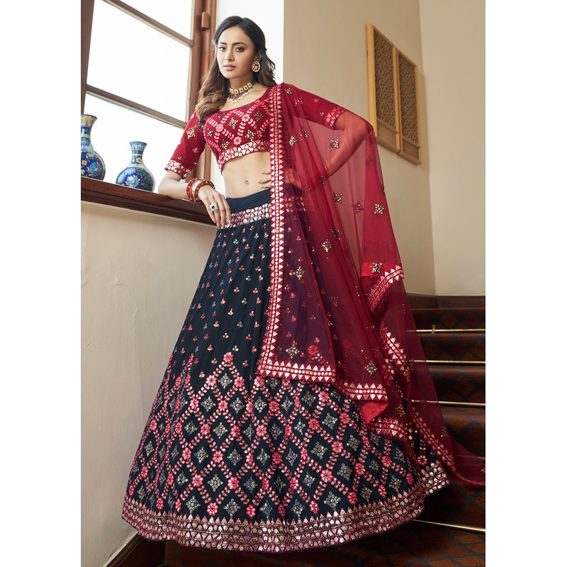 Navy Blue Sequins & Gota Patti Work Georgette Lehenga Choli