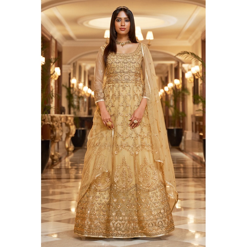 Net Embellished Beige Wedding Festival Anarkali Dress