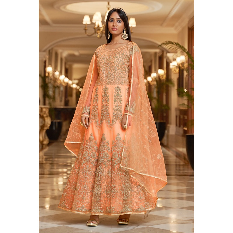 Net Embellished Coral Peach Wedding Festival Anarkali Dress
