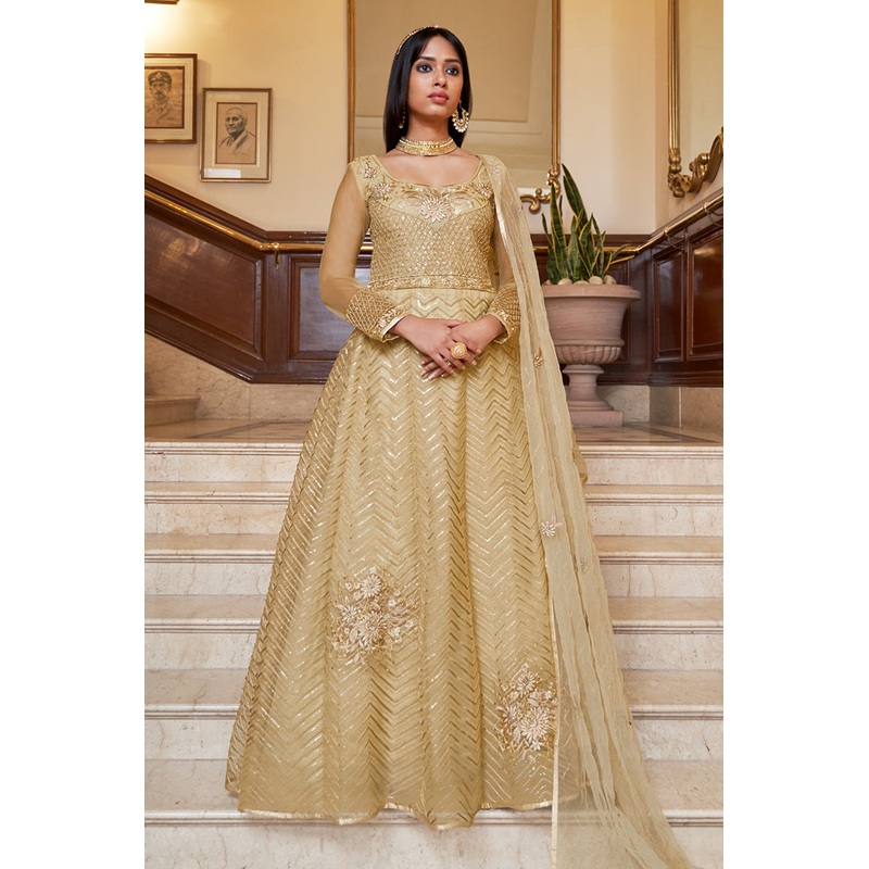 Net Embellished Golden Wedding Festival Anarkali Dress