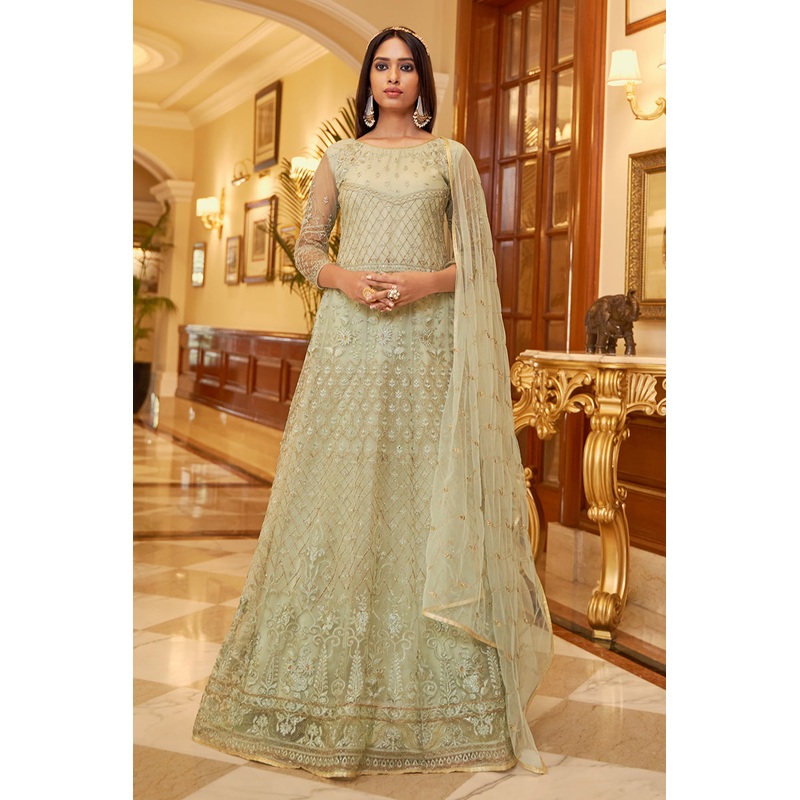 Net Embellished Green Wedding Festival Anarkali Dress