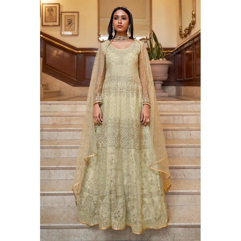Net Embellished Ivory Green Wedding Festival Anarkali Dress