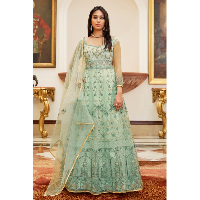Net Embellished Mint Blue Wedding Festival Anarkali Dress