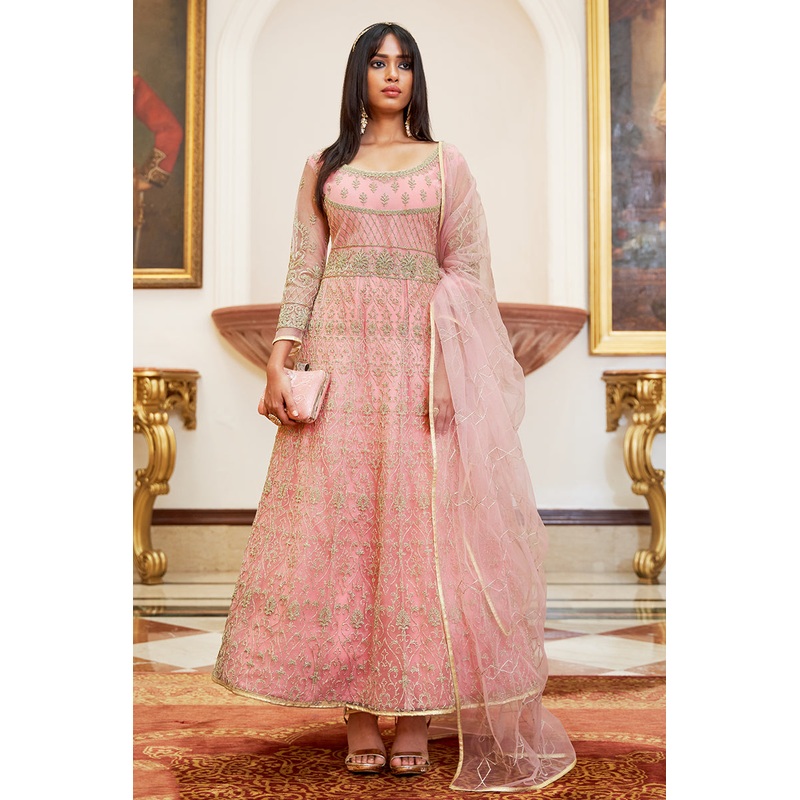 Net Embellished Pink Wedding Festival Anarkali Dress