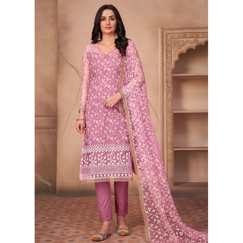Onion Pink Mono Net Festival Wear Pant Suit