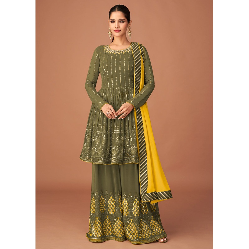 Pakistani Style Designer Fern Green Peplum Sharara Suit