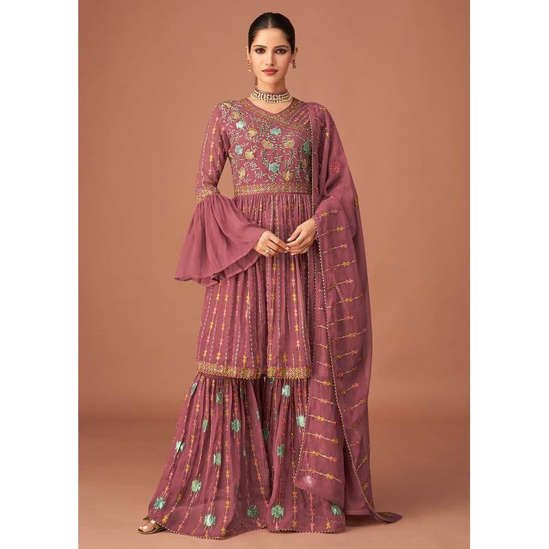 Pakistani Style Designer Orchid Pink Peplum Sharara Suit