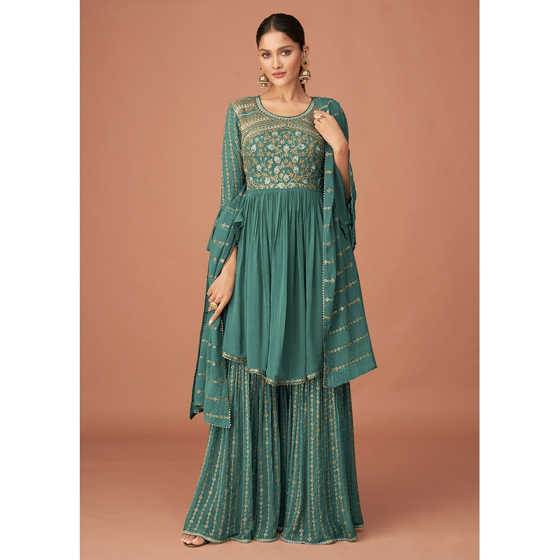 Pakistani Style Designer Teal Blue Peplum Sharara Suit