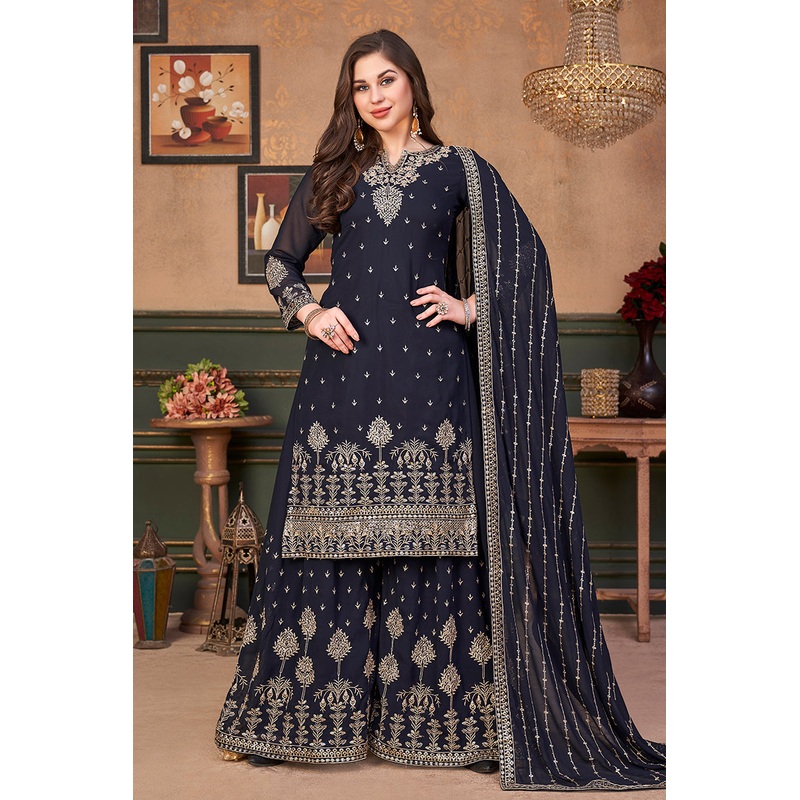 Pakistani Style Navy Blue Embroidered Palazzo Salwar Suit