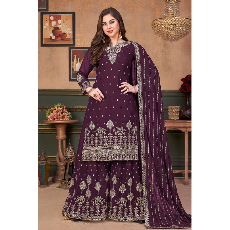Pakistani Style Plum Purple Embroidered Palazzo Salwar Suit