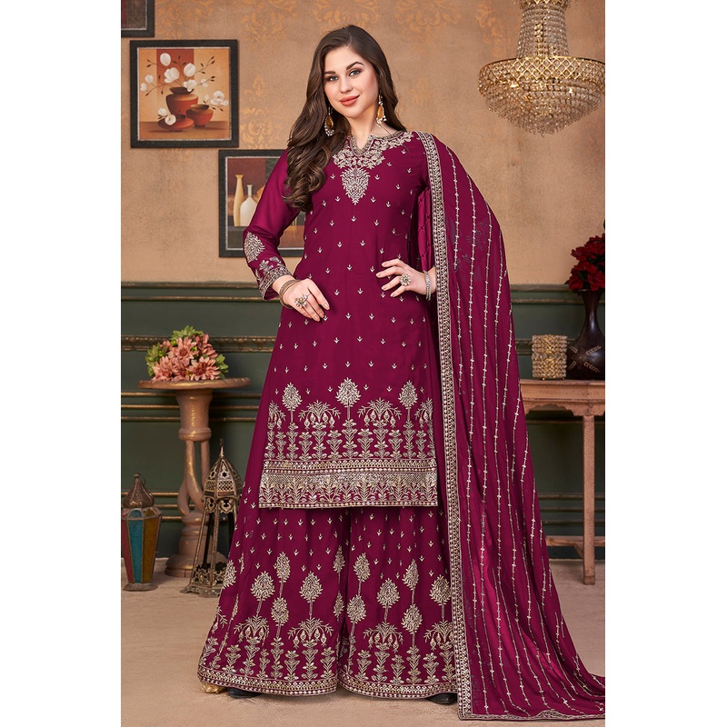 Pakistani Style Rani Pink Embroidered Palazzo Salwar Suit
