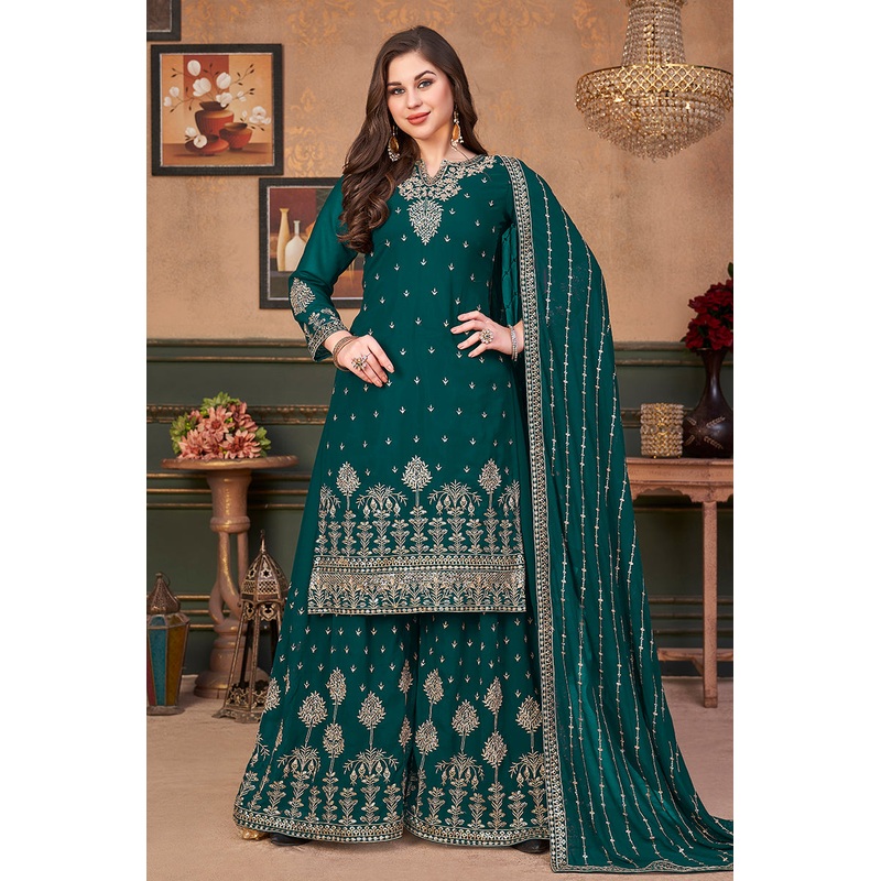 Pakistani Style Teal Green Embroidered Palazzo Salwar Suit