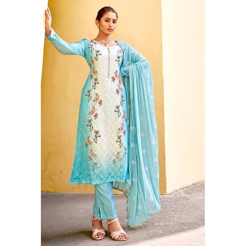 Pant Style Blue & Cream Embroidered Pure Viscose Suit