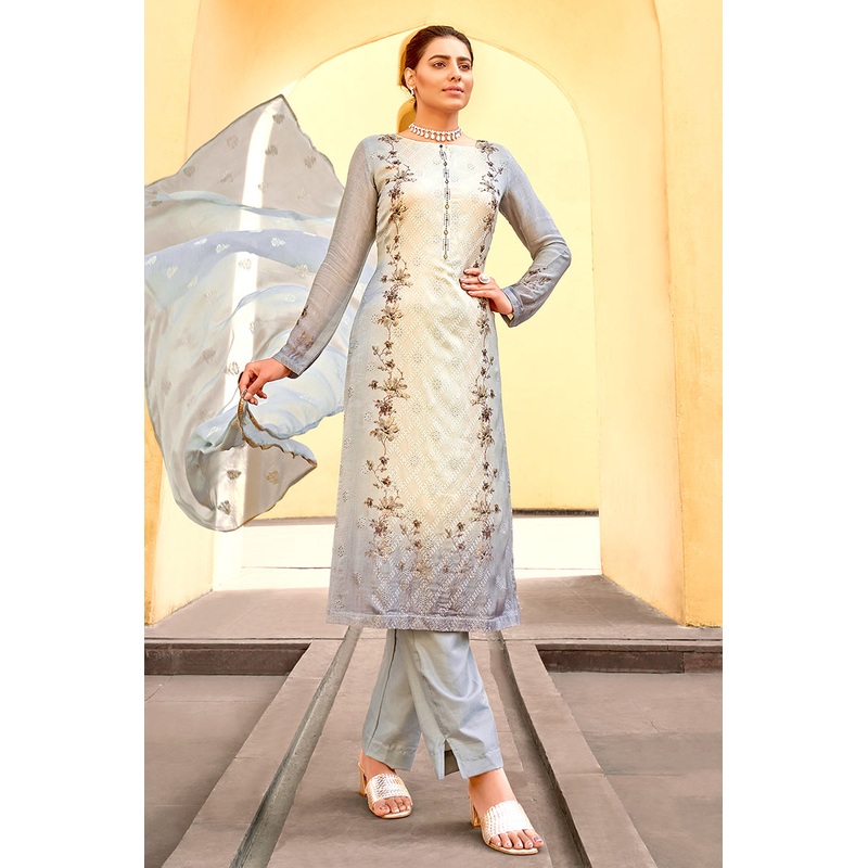 Pant Style Grey & Cream Embroidered Pure Viscose Suit