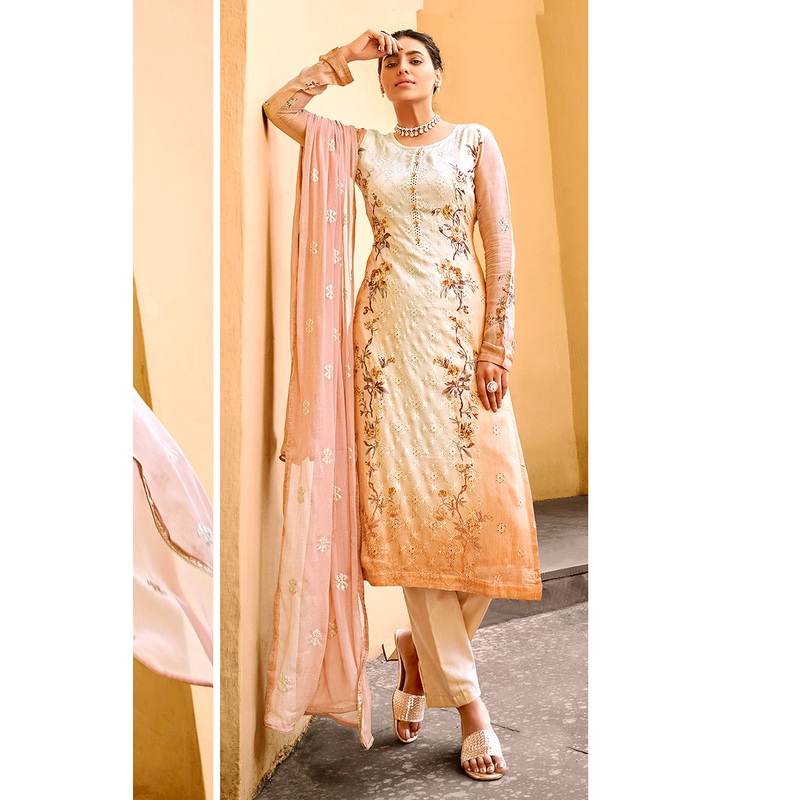 Pant Style Peach & Cream Embroidered Pure Viscose Suit