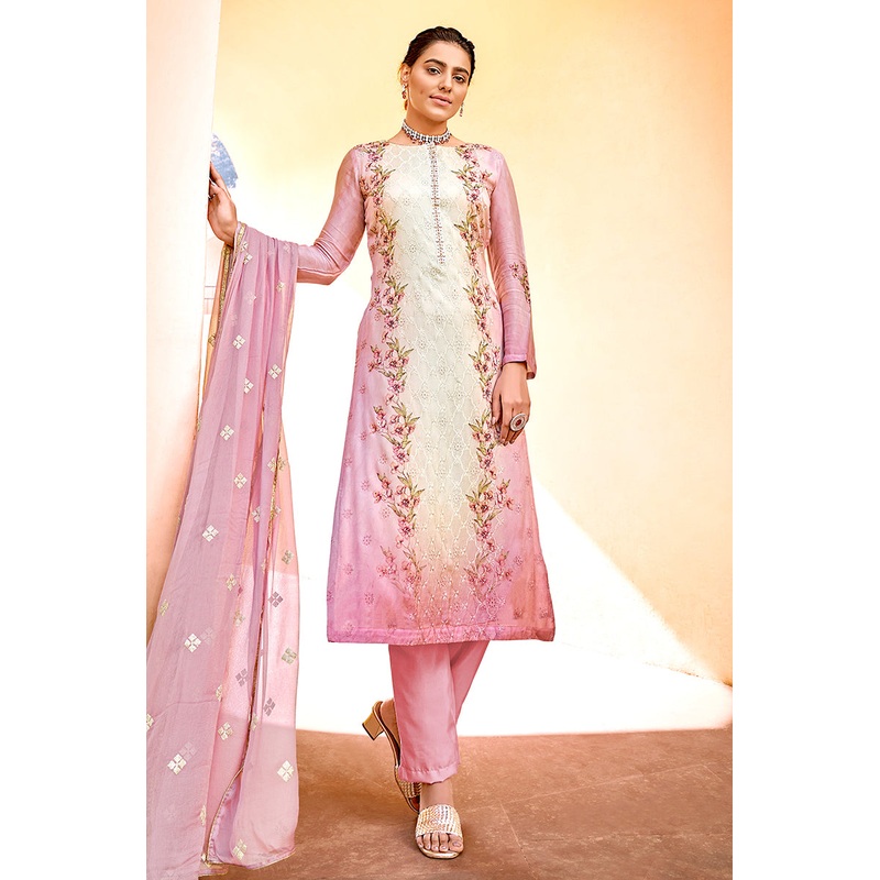 Pant Style Pink & Cream Embroidered Pure Viscose Suit