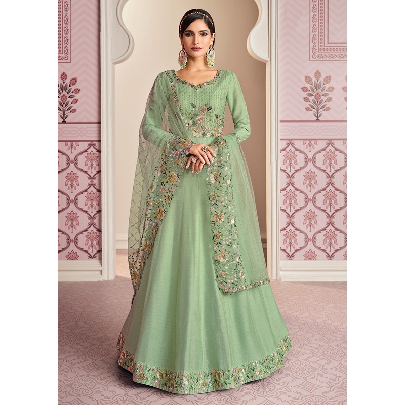 Pastel Green Art Silk Fabric Indian Embroidered Anarkali Suit